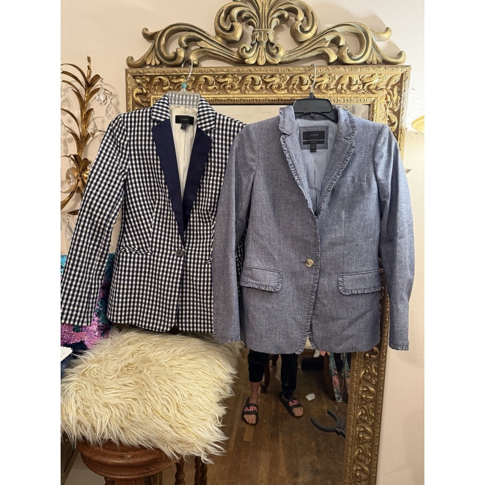 Lot 2 J. Crew Regent Blazer Jacket Chambray Denim Ruffles-Blu/Wte Checked tux 0